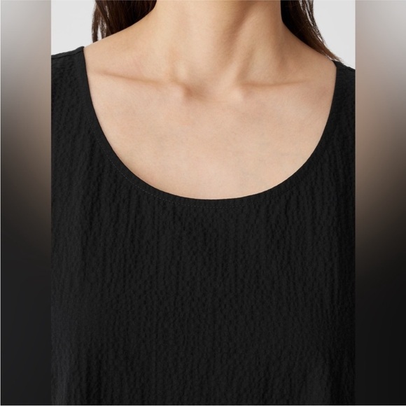 EILEEN Fisher Black Organic Cotton Seersucker Pucker Tiered Dress, Size Small - Picture 9 of 15